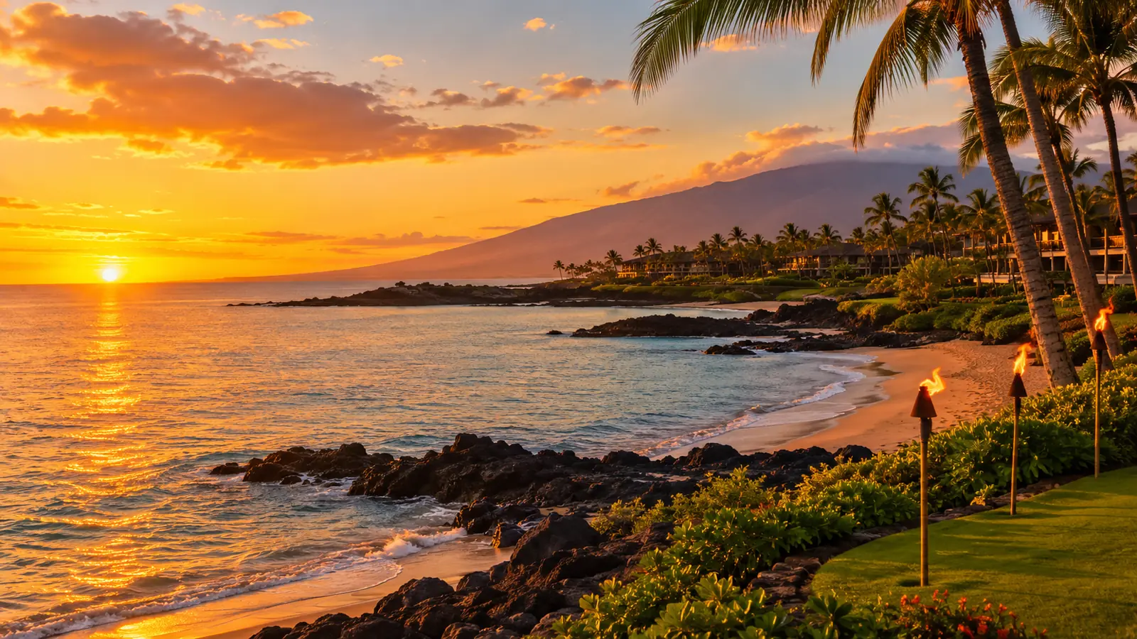 Wailea coastline at golden hour with palm trees and lit tiki torches