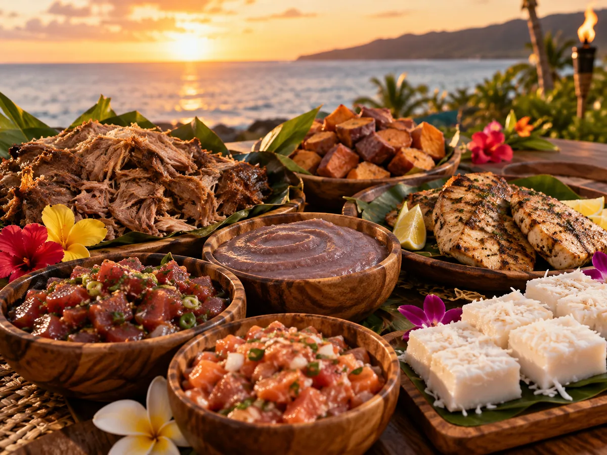 Hawaiian luau dishes served family-style on a resort table