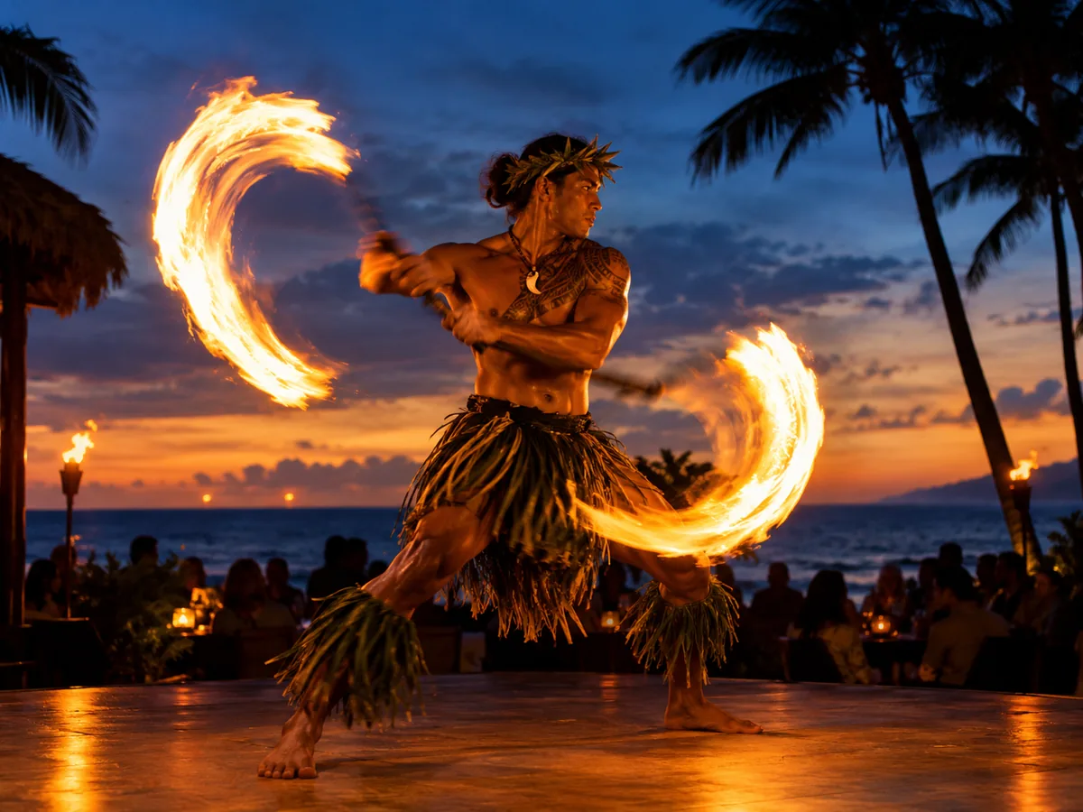 Fire knife dancer spinning a flaming knife at dusk