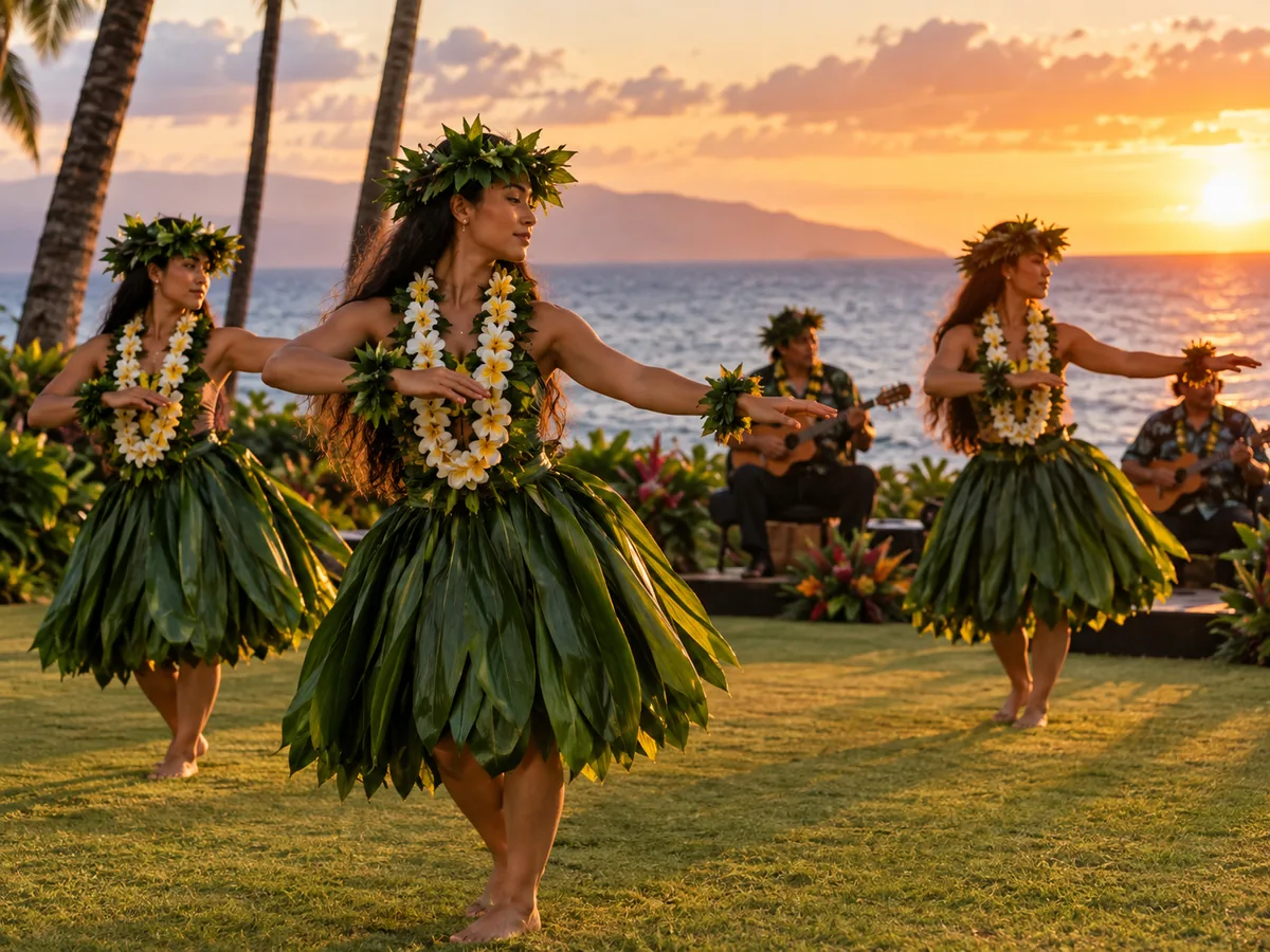 Hula dancers in ti-leaf skirts performing by the ocean at sunset