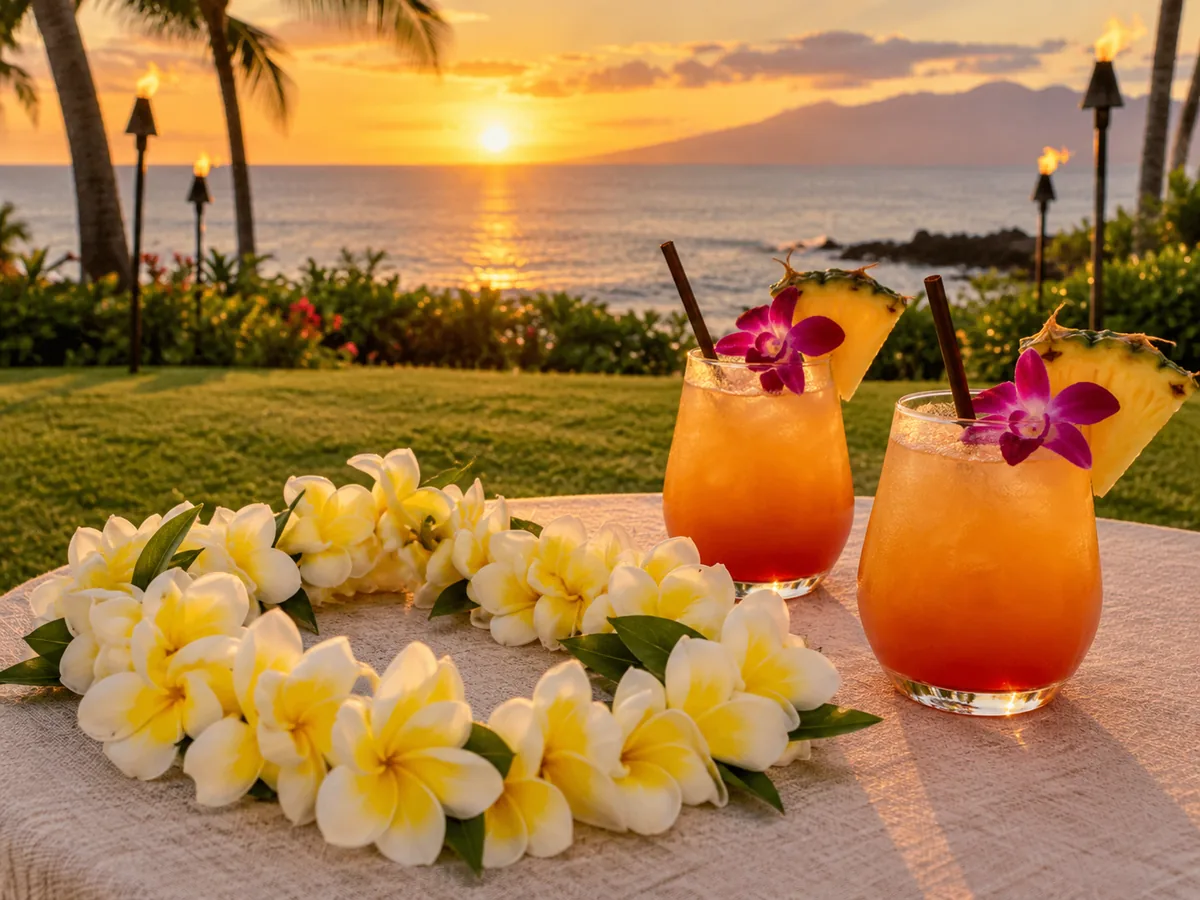 Plumeria lei and mai tai cocktails on a luau table by the ocean