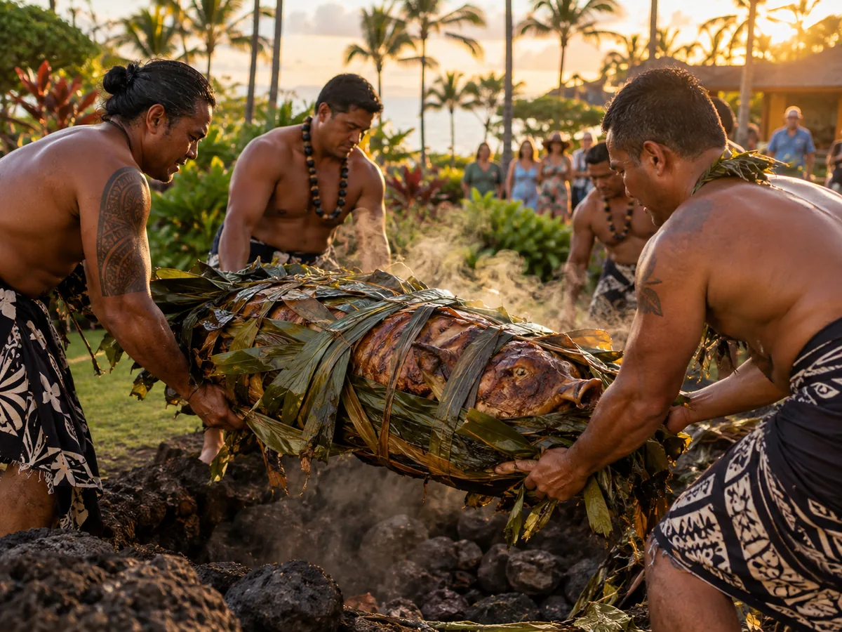 Roasted pig lifted from an underground imu oven at a Hawaiian luau
