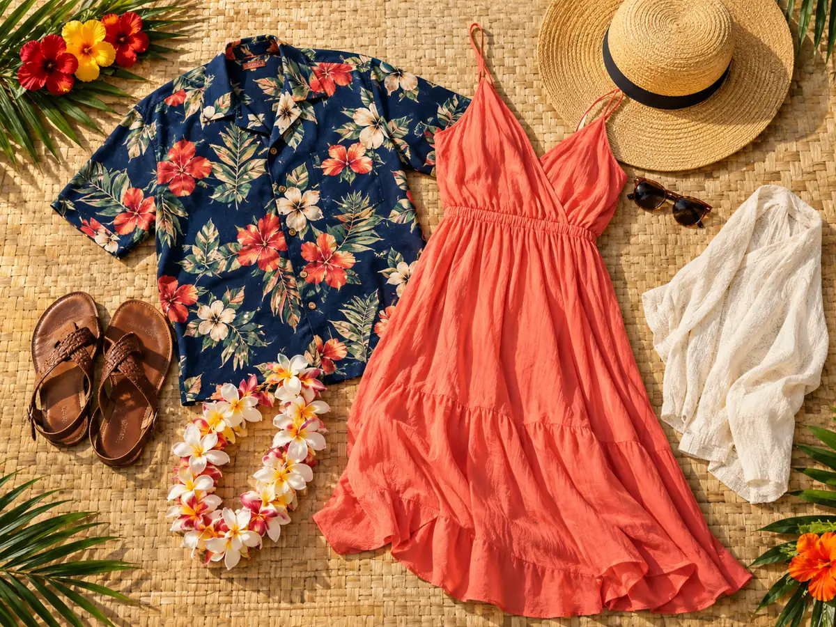 Aloha shirt, sundress, sandals and a lei laid out for a luau