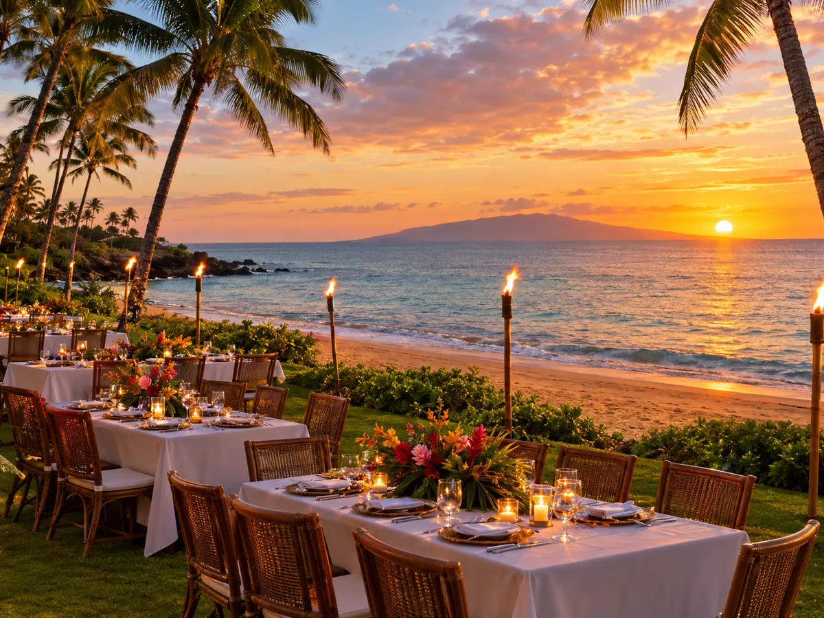 Luau tables and tiki torches on a lawn above Wailea Beach at sunset