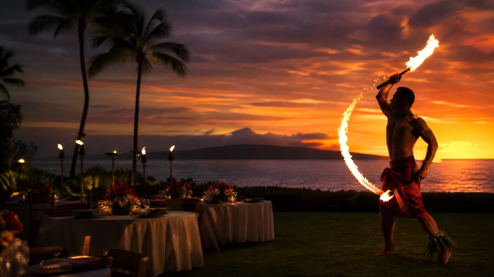 Fire knife dancer at an oceanfront luau in Wailea, Maui at sunset